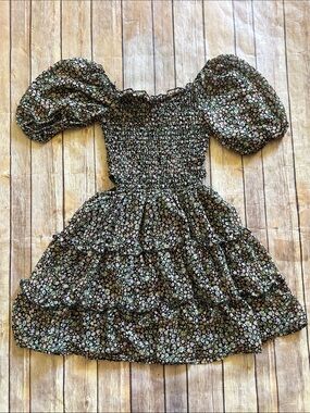 art class Black Floral Smocked Puff-Sleeve Tiered Dress